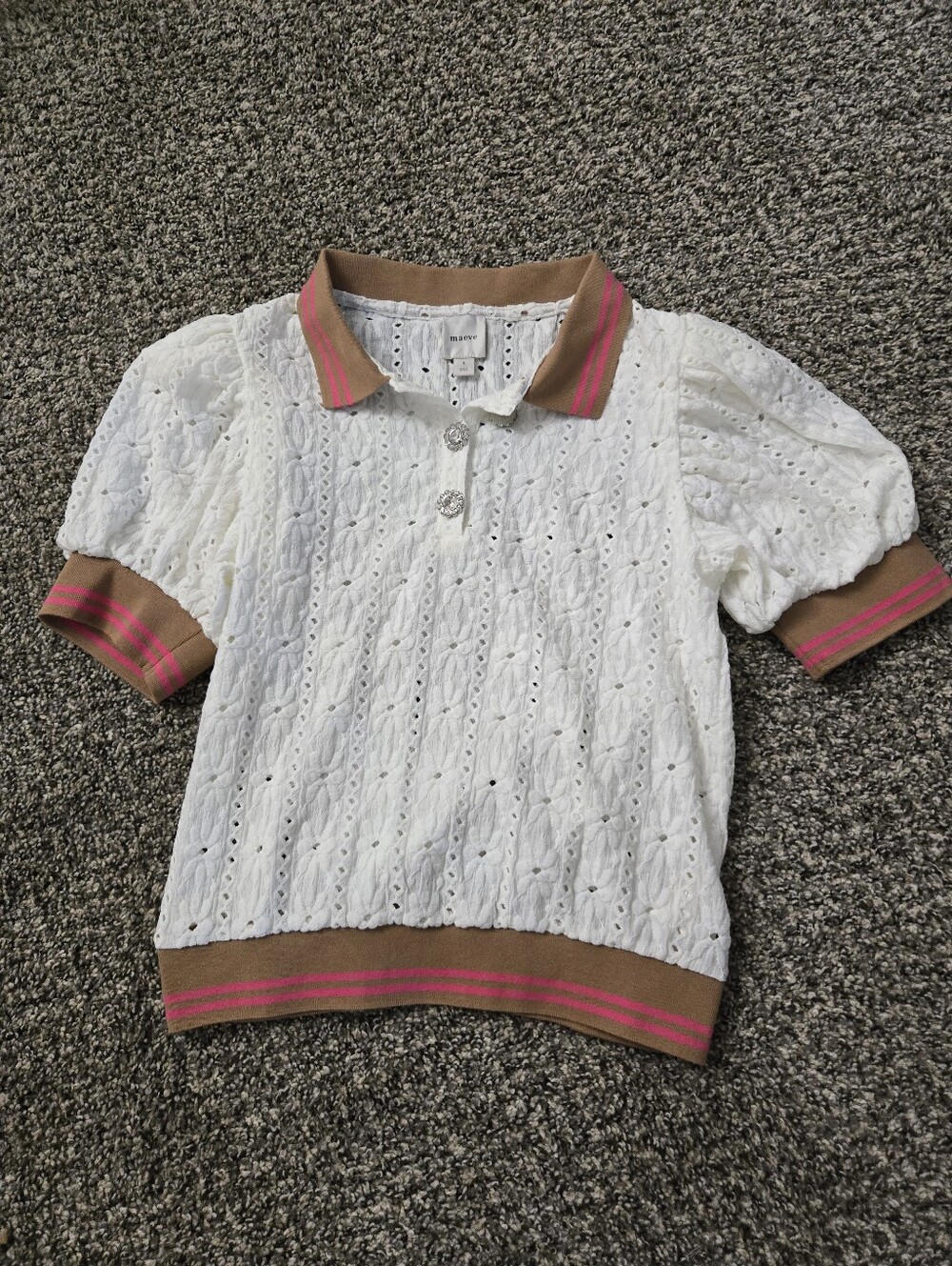 Maeve White Eyelet Top with Tan & Pink Trim